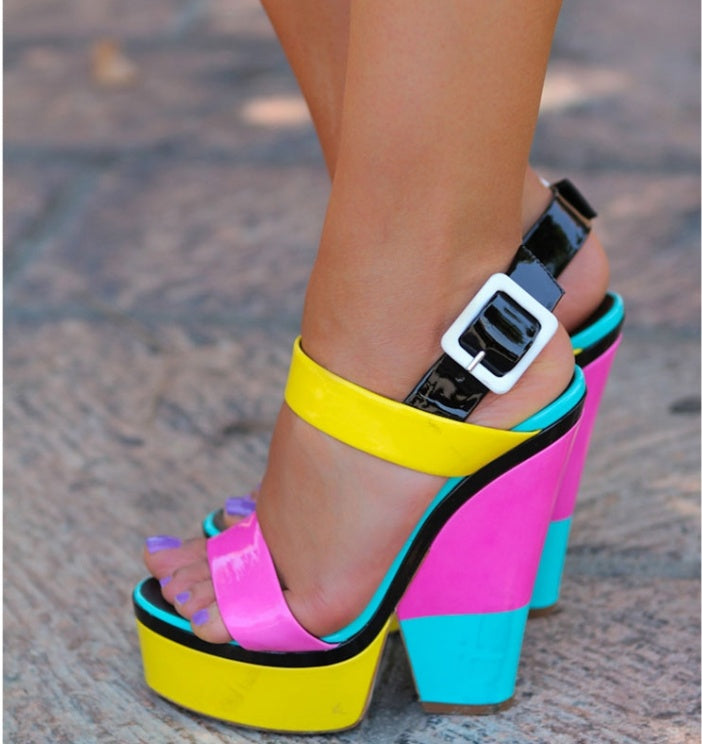 New European And American Sexy Color Matching Simple Thick-heeled High-heeled Large Size 40-43 Buckle Shoes Sandals Stand Alone