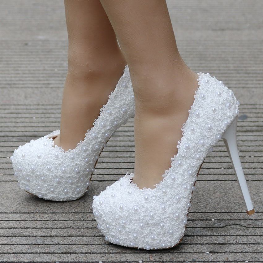 Large Size Waterproof Platform High Heel Round Toe Pearl Shoes