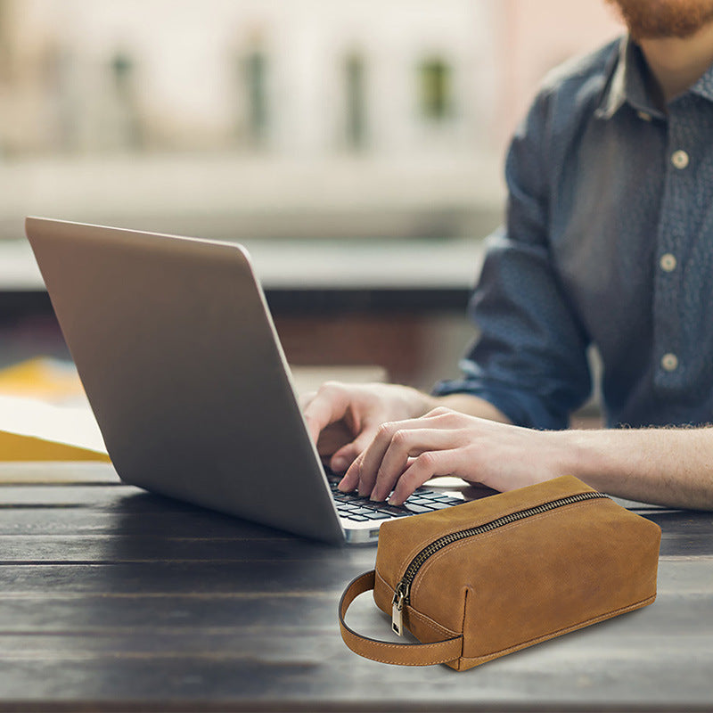 Crazy Horse Leather Digital Accessories Handheld Storage Zipper Bag