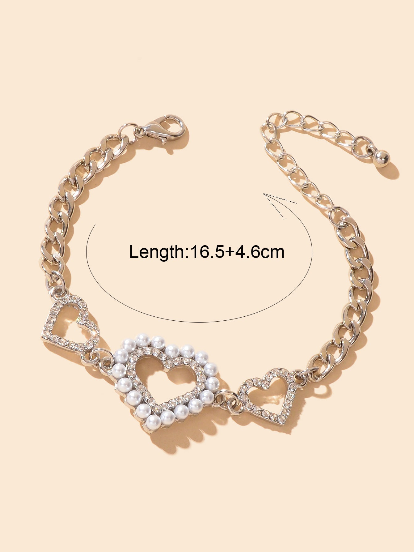 Luxurious Rhinestone Pearl Decor Heart Charm Silver Chain Bracelet for Wedding-3