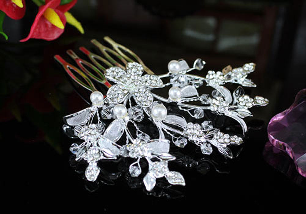 Wedding Flower Crystal Faux Pearl Hair Comb XT1357-3