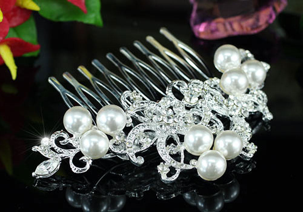 Wedding Crystal White Pearl Hair Comb XT1362-3