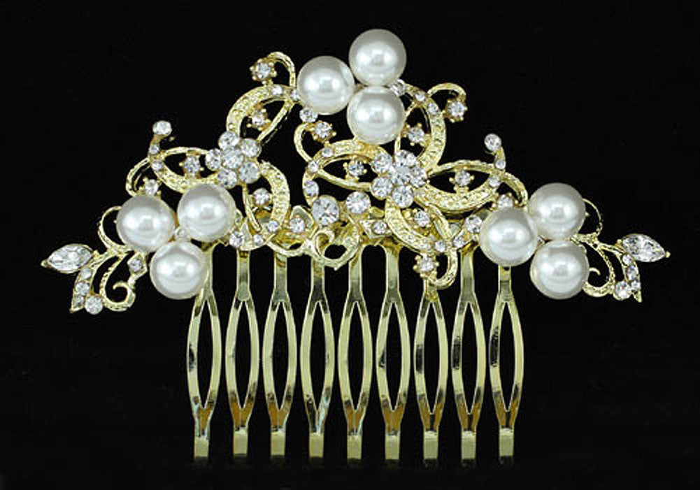 Wedding Crystal White Pearl Gold Hair Comb XT1368-3