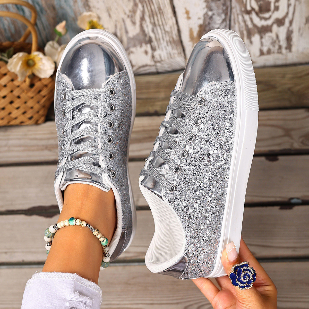 Plus Size Sequined Front Lace-up Solid Color Plus Size Board Shoes Store Hive UNIjuntos