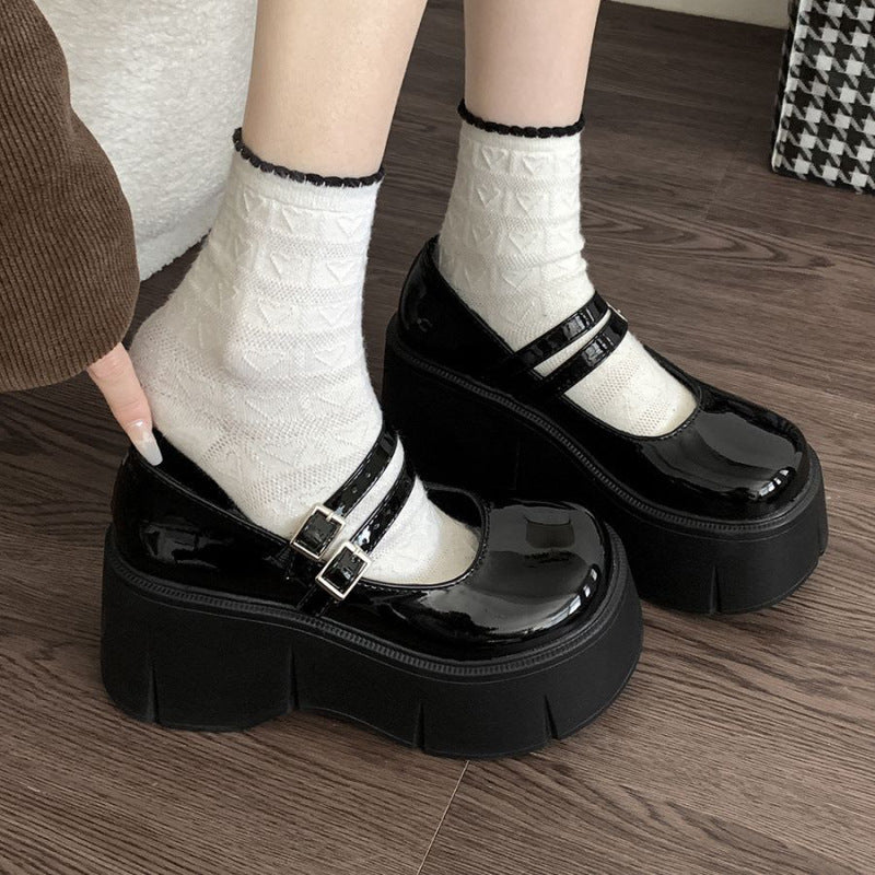 Round Head Increased Retro British Style Black Platform Leather Shoes Women's Spring And Autumn New French Style