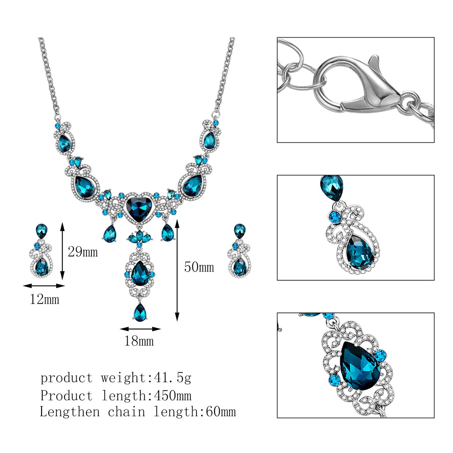 Bridal Set Two Piece Jewelry Blue Love Alloy Necklace