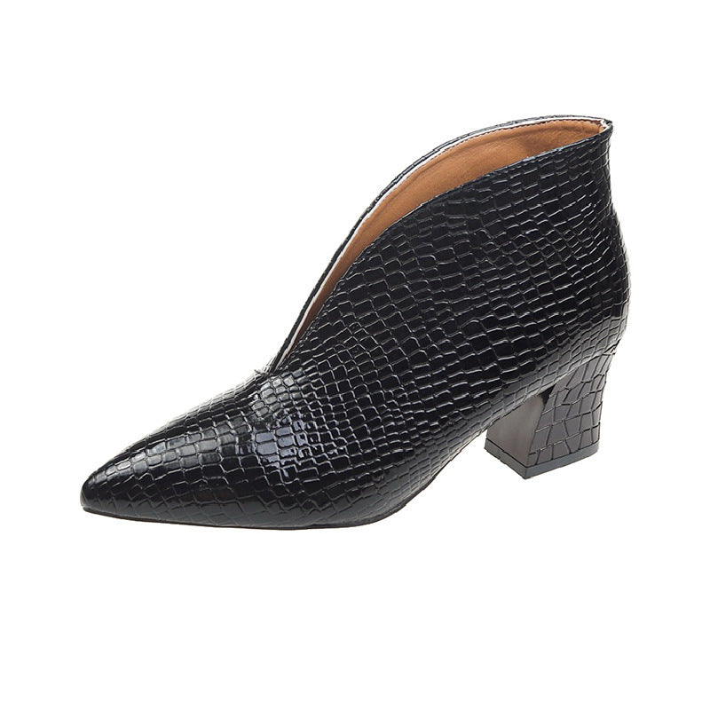 V Cut Women's Fashion Pointed Embossed Chunky Heel Martin Boots