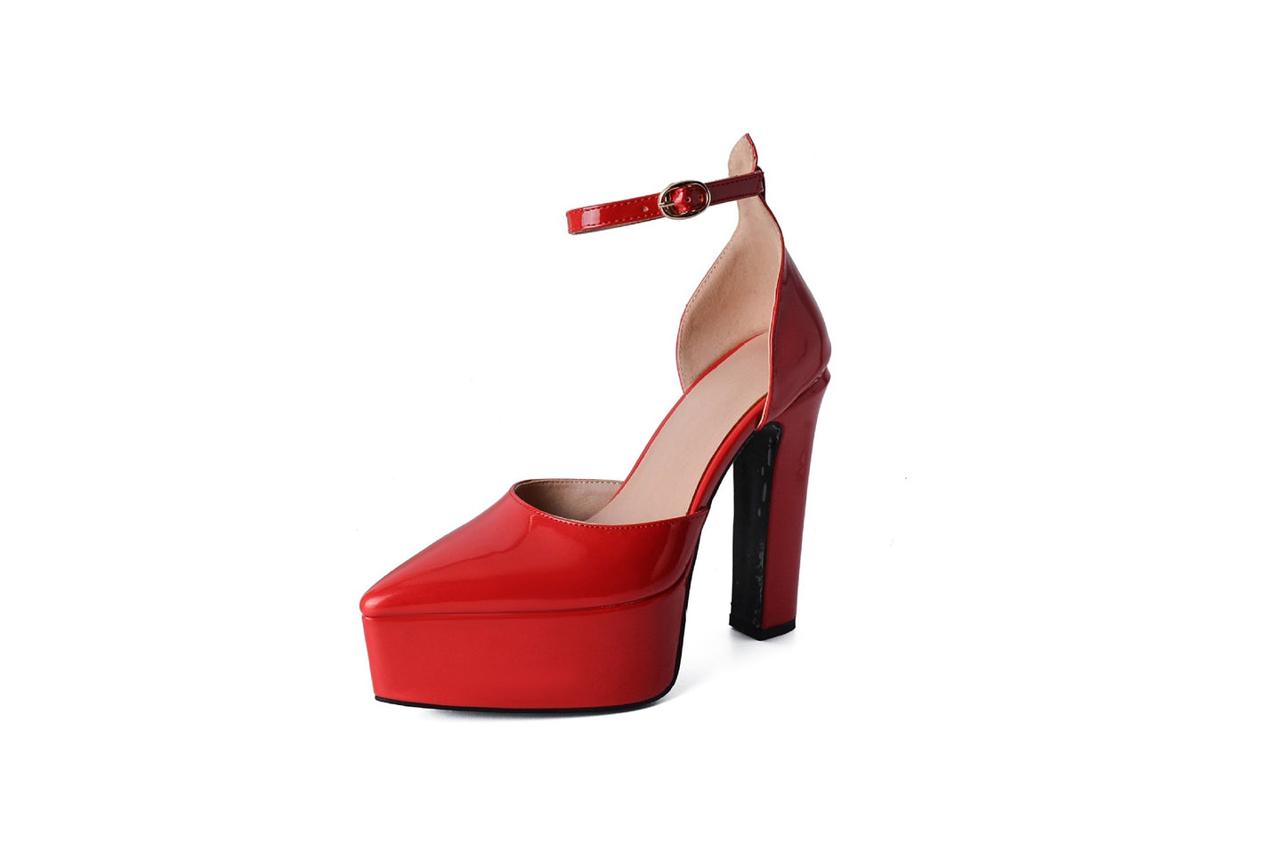 Pointed Patent Leather Buckle Hollow Chunky Heel Sandals