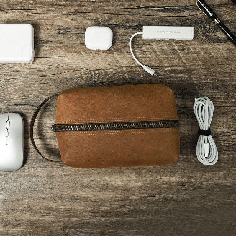 Crazy Horse Leather Digital Accessories Handheld Storage Zipper Bag