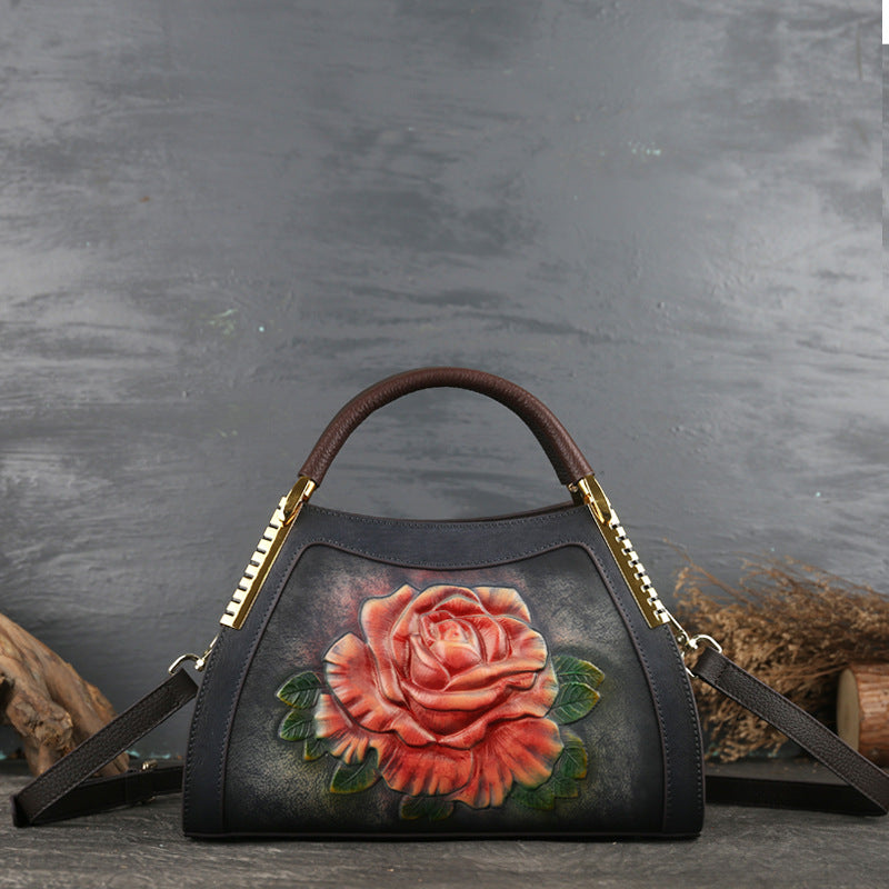 Vintage embossed top layer leather crossbody bag