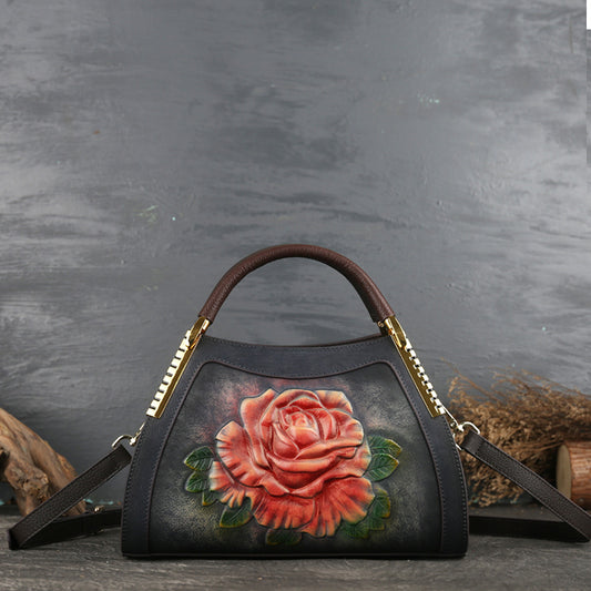 Vintage embossed top layer leather crossbody bag