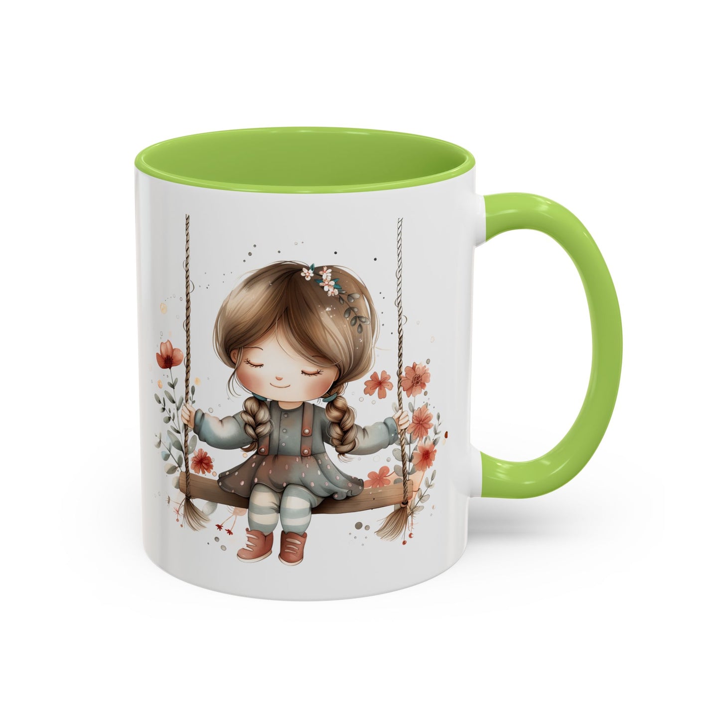 Whimsical Swinging Girl Coffee Mug - Cute Gift for Coffee Lovers, Home Decor, Spring Vibes, Floral Design, Girly Kitchen Accessory