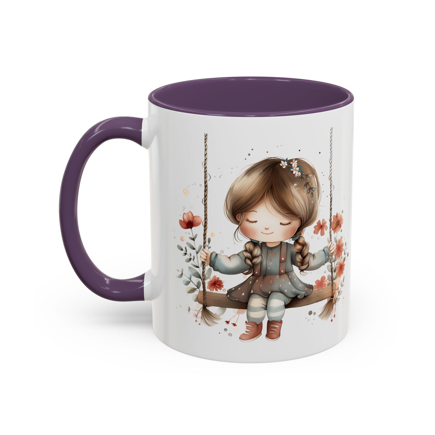 Whimsical Swinging Girl Coffee Mug - Cute Gift for Coffee Lovers, Home Decor, Spring Vibes, Floral Design, Girly Kitchen Accessory