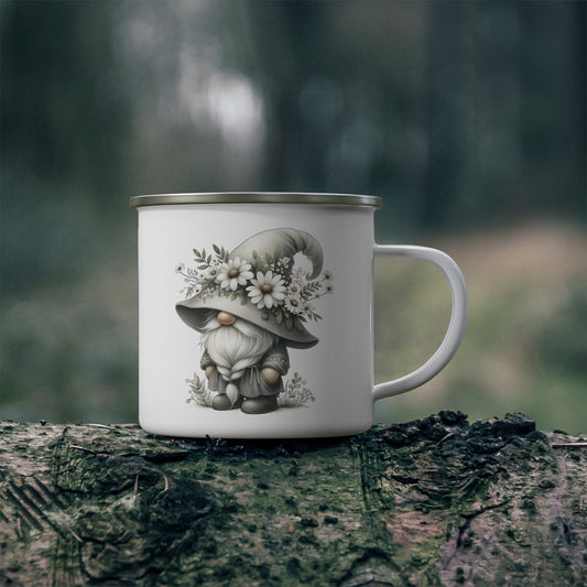 Rustic Nature Enamel Camping Mug with Gnome Design, Outdoor Adventure Gift, Coffee Mug, Travel Mug, Glamping Accessory