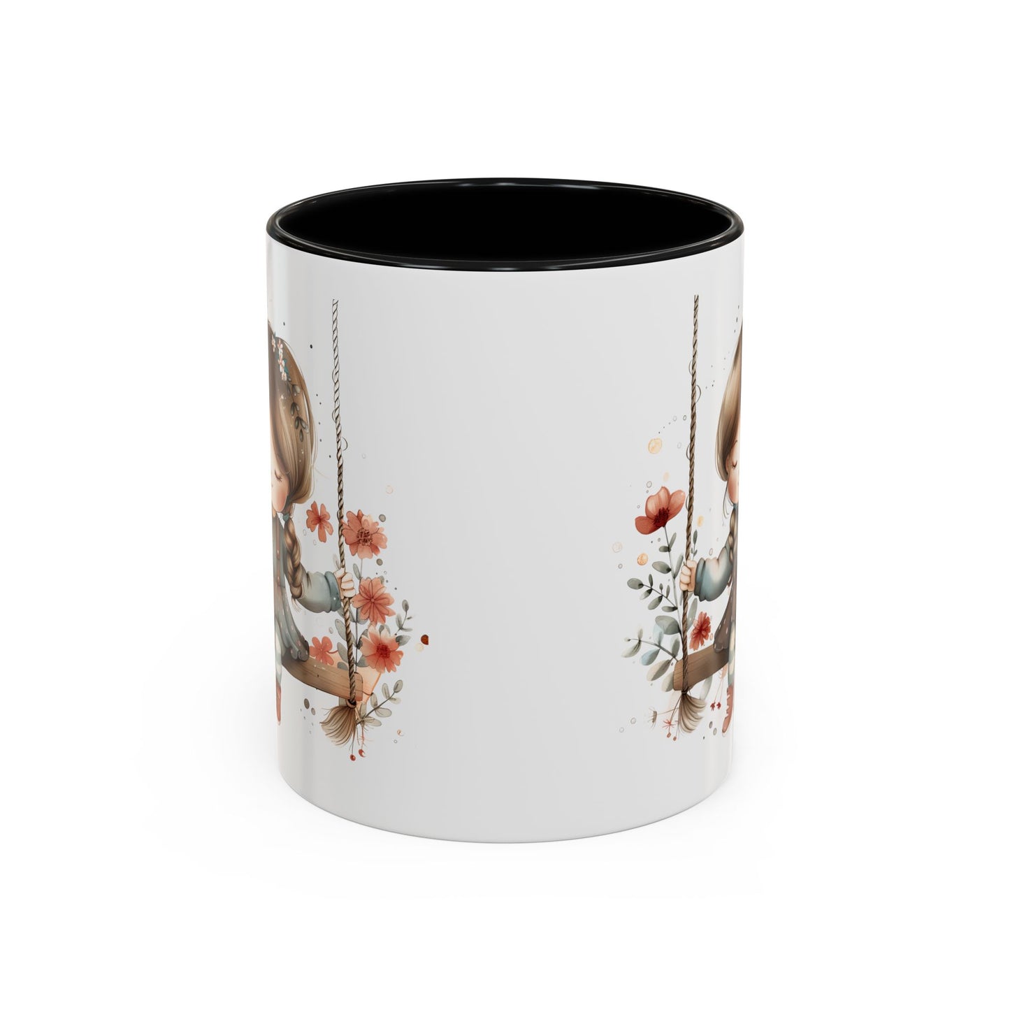 Whimsical Swinging Girl Coffee Mug - Cute Gift for Coffee Lovers, Home Decor, Spring Vibes, Floral Design, Girly Kitchen Accessory