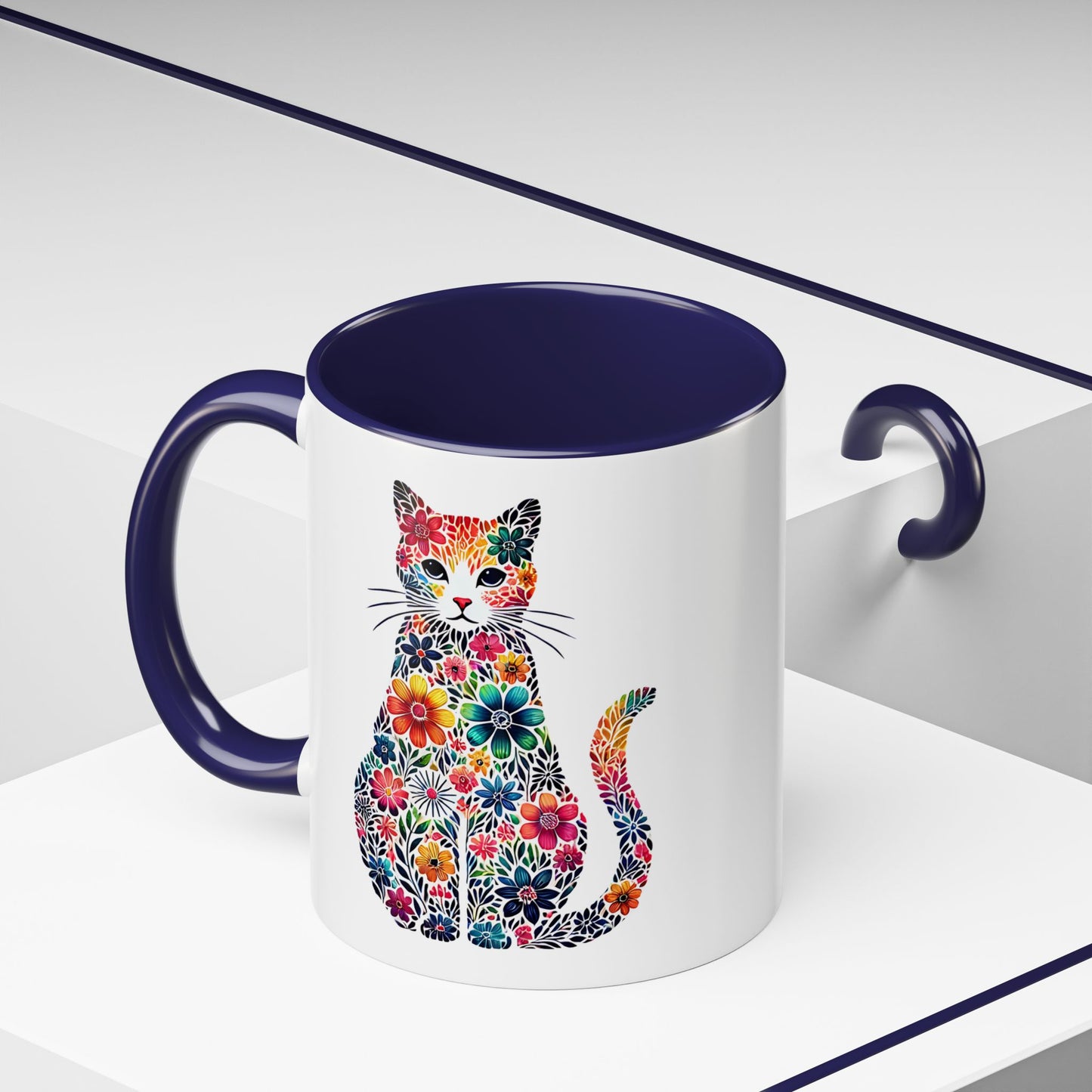 Floral Cat Coffee Mug, Colorful Cat Lover Mug, Gift for Cat Owners, Cat-Themed Kitchenware, Unique Animal Mug, Cozy Beverage Cup