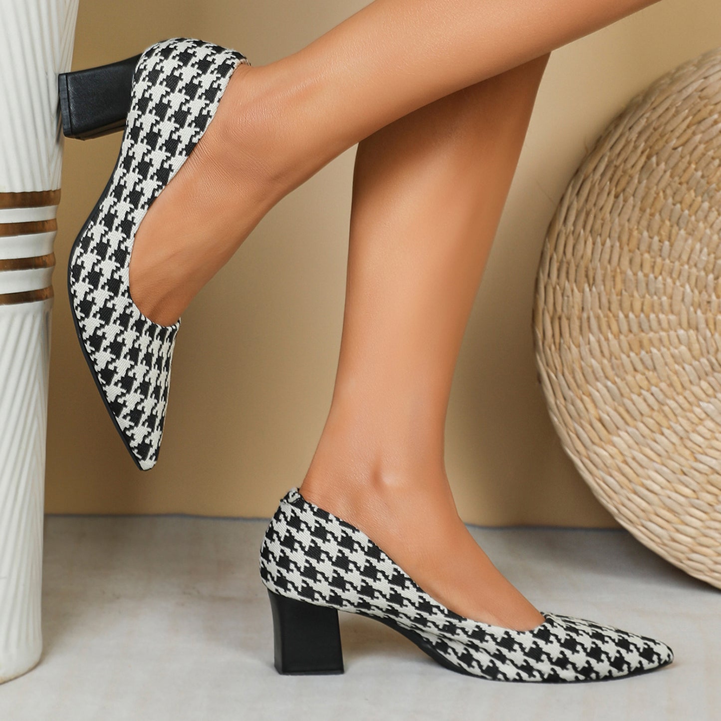 Houndstooth High Heels Women Low-cut Chunky Heel Shoes