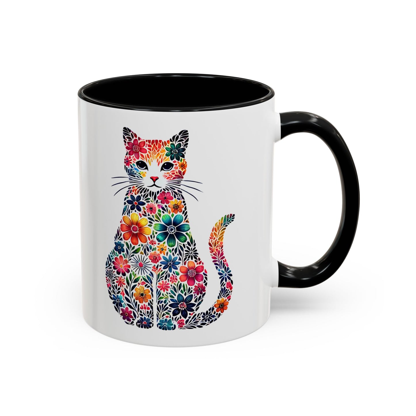 Floral Cat Coffee Mug, Colorful Cat Lover Mug, Gift for Cat Owners, Cat-Themed Kitchenware, Unique Animal Mug, Cozy Beverage Cup