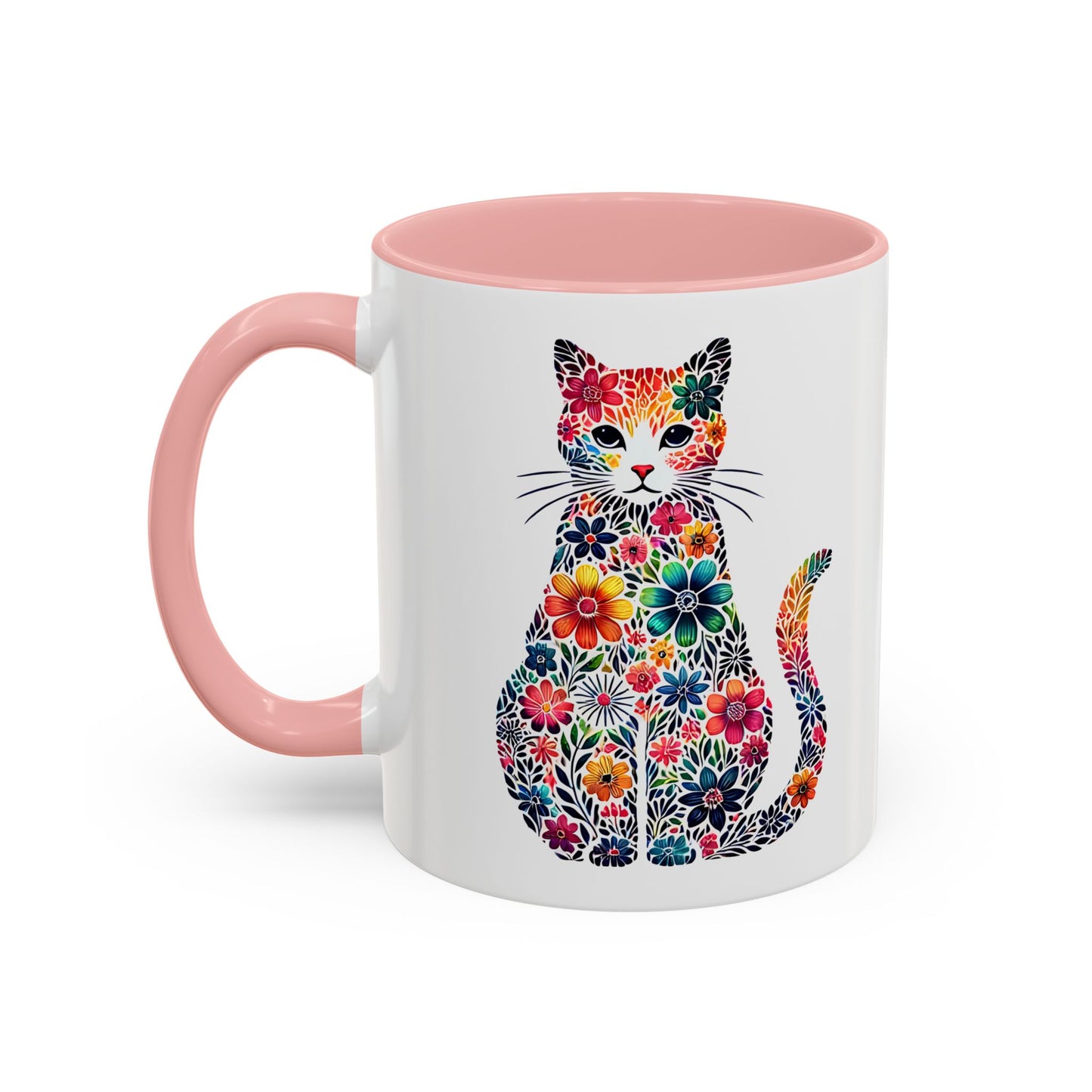 Floral Cat Coffee Mug, Colorful Cat Lover Mug, Gift for Cat Owners, Cat-Themed Kitchenware, Unique Animal Mug, Cozy Beverage Cup