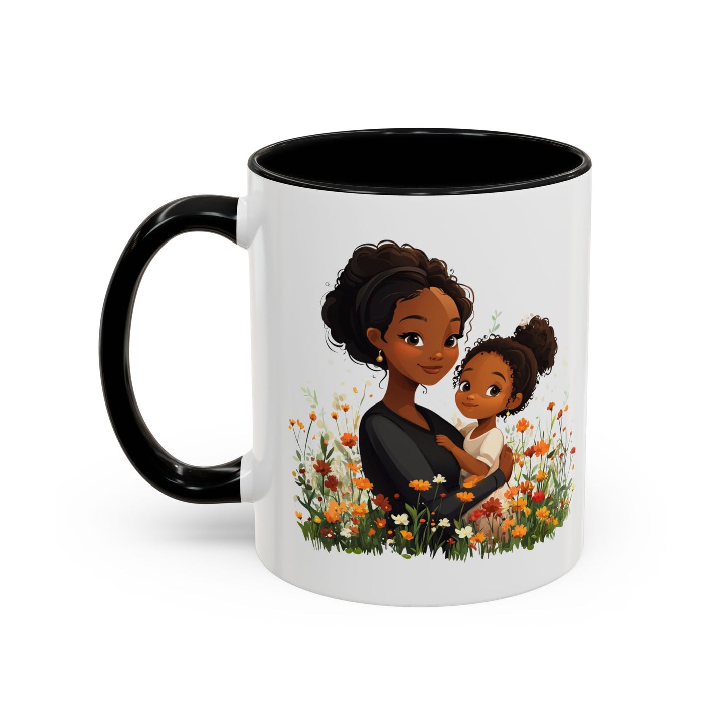 Floral Family Accent Coffee Mug, Black Handle Mug, Mama and Child Gift, Mother's Day, Cozy Home Decor, Cute Coffee Cup