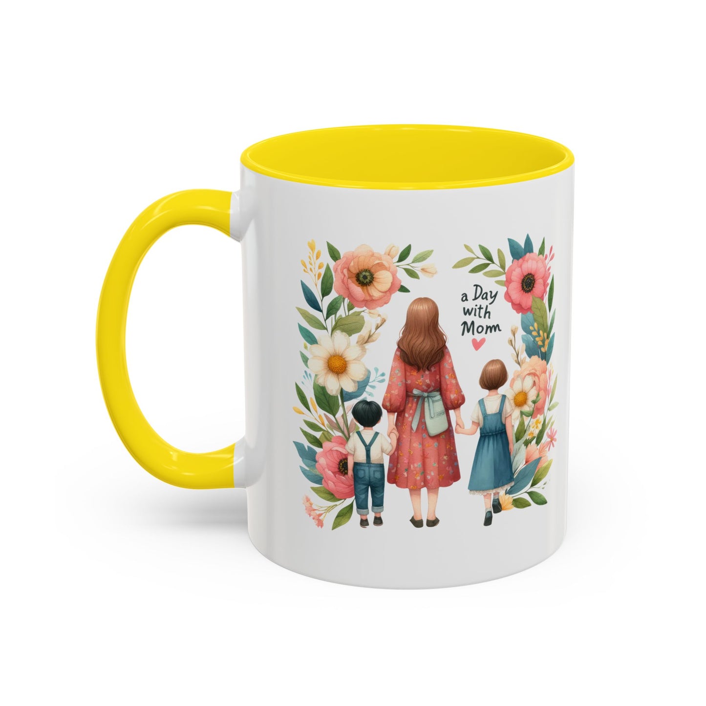 A Day with Mom Accent Coffee Mug - Floral Design, Gift for Mom, Mother's Day, Family Moments, Coffee Lover