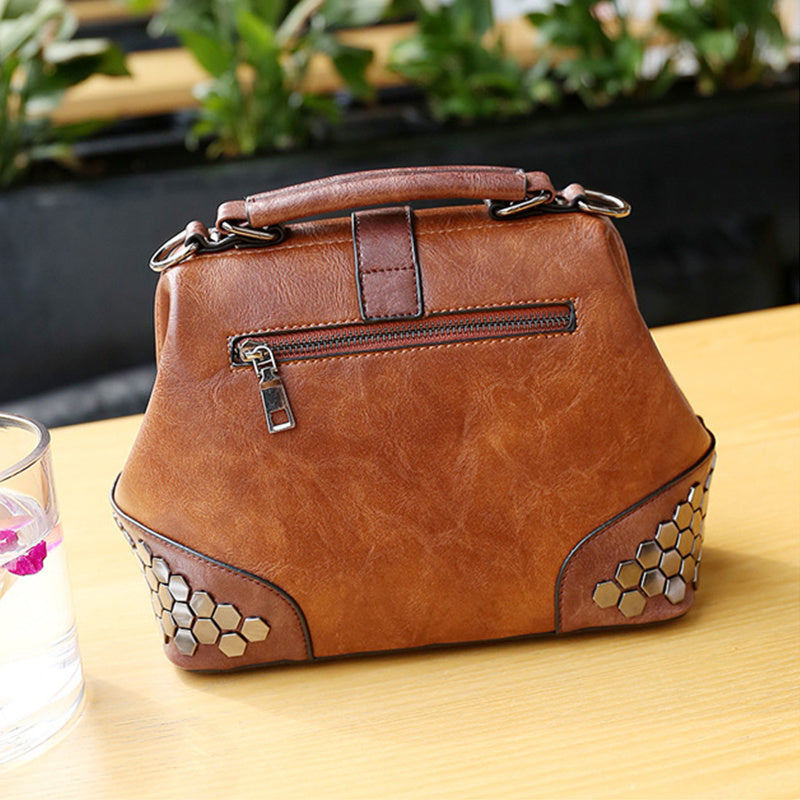 Women Handbag Leather Small Doctor Bag Women Shoulder Bag Female Crossbody Handbag Lock Chain Rivets Girls Vintage Women Bags