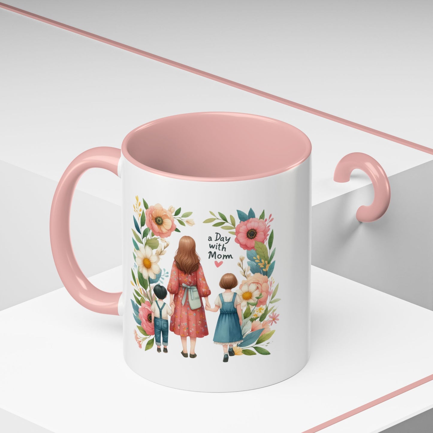 A Day with Mom Accent Coffee Mug - Floral Design, Gift for Mom, Mother's Day, Family Moments, Coffee Lover