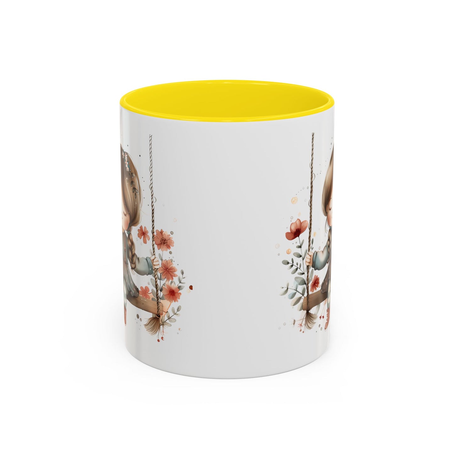 Whimsical Swinging Girl Coffee Mug - Cute Gift for Coffee Lovers, Home Decor, Spring Vibes, Floral Design, Girly Kitchen Accessory