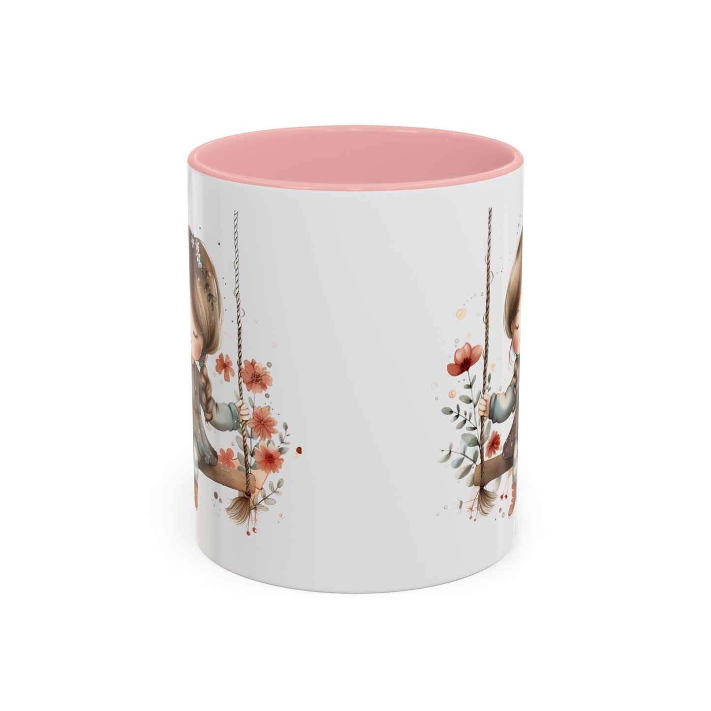 Whimsical Swinging Girl Coffee Mug - Cute Gift for Coffee Lovers, Home Decor, Spring Vibes, Floral Design, Girly Kitchen Accessory