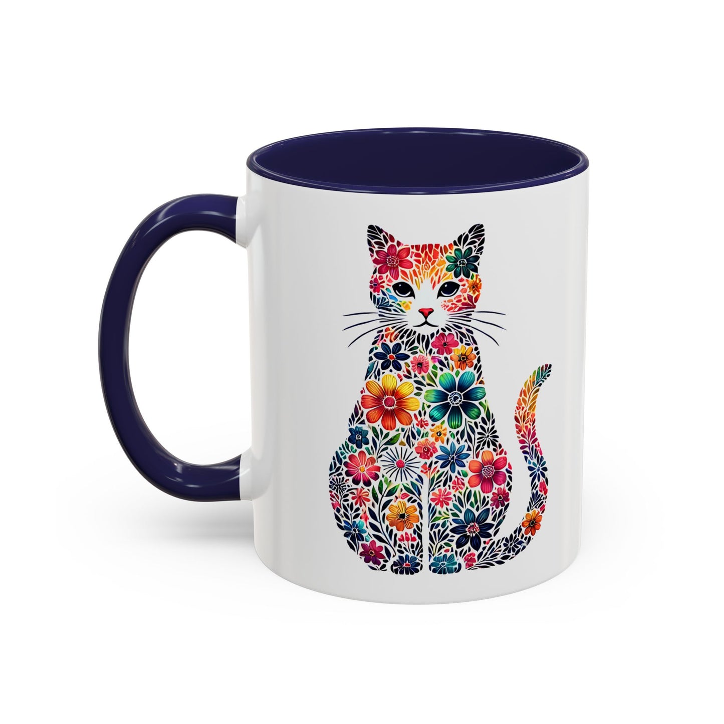Floral Cat Coffee Mug, Colorful Cat Lover Mug, Gift for Cat Owners, Cat-Themed Kitchenware, Unique Animal Mug, Cozy Beverage Cup