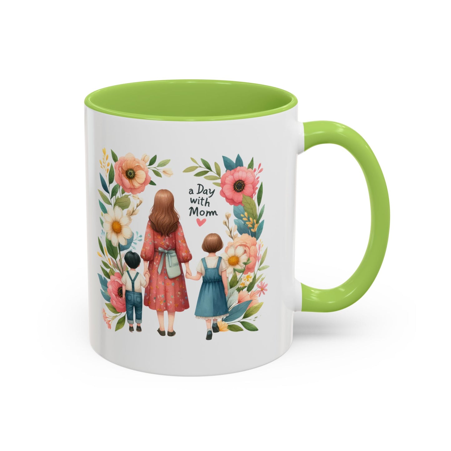 A Day with Mom Accent Coffee Mug - Floral Design, Gift for Mom, Mother's Day, Family Moments, Coffee Lover