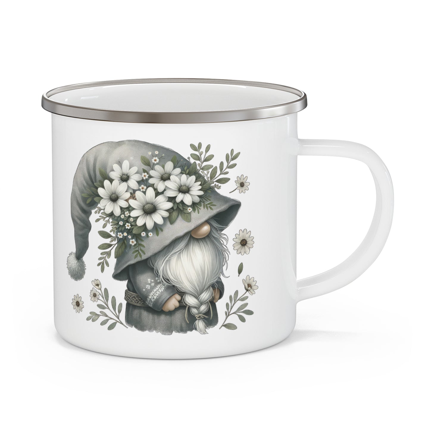 Whimsical Gnome Enamel Camping Mug | Cute Coffee Mug for Outdoors, Camping, Gifts, Garden Decor, Floral Mug, Unique Tea Cup