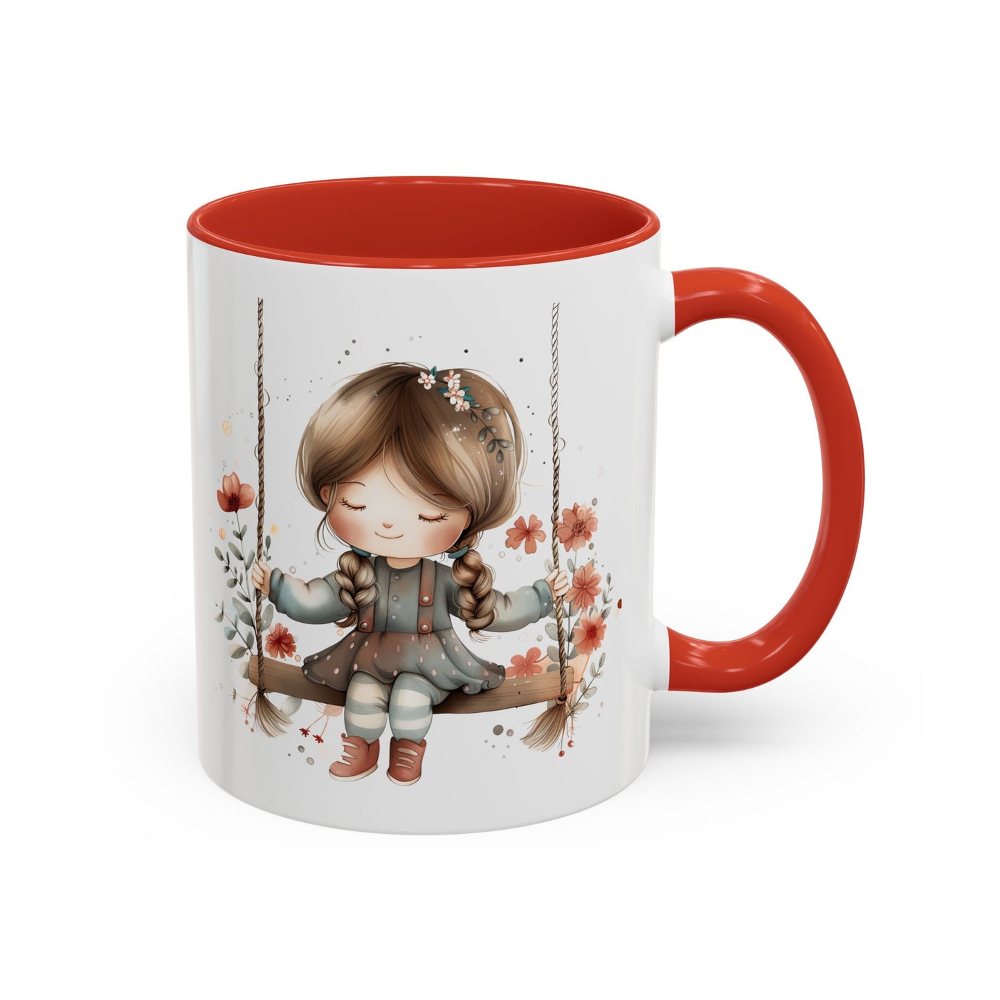 Whimsical Swinging Girl Coffee Mug - Cute Gift for Coffee Lovers, Home Decor, Spring Vibes, Floral Design, Girly Kitchen Accessory