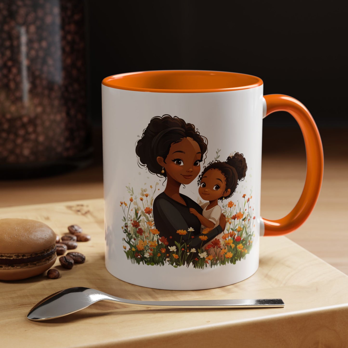 Floral Family Accent Coffee Mug, Black Handle Mug, Mama and Child Gift, Mother's Day, Cozy Home Decor, Cute Coffee Cup