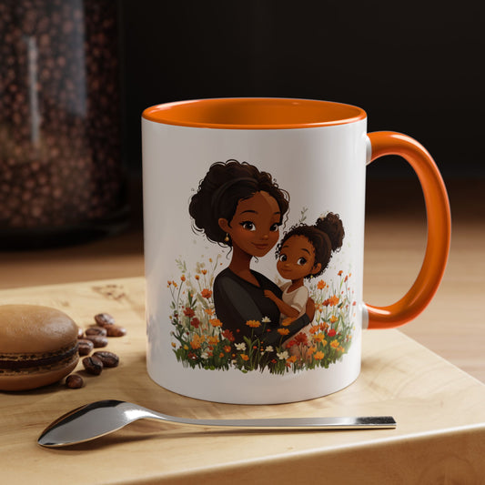 Floral Family Accent Coffee Mug, Black Handle Mug, Mama and Child Gift, Mother's Day, Cozy Home Decor, Cute Coffee Cup
