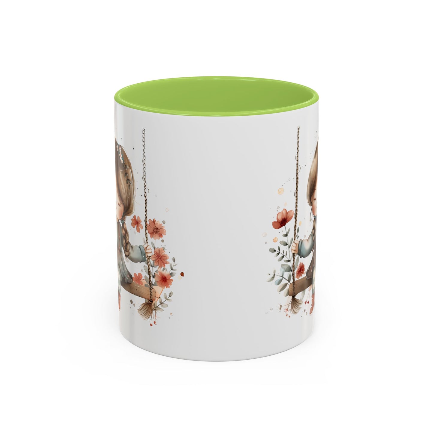 Whimsical Swinging Girl Coffee Mug - Cute Gift for Coffee Lovers, Home Decor, Spring Vibes, Floral Design, Girly Kitchen Accessory