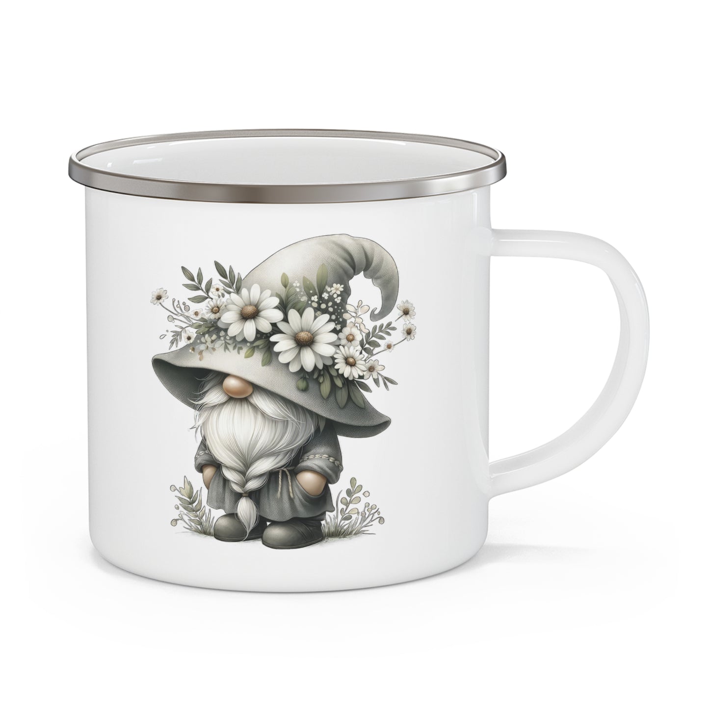 Rustic Nature Enamel Camping Mug with Gnome Design, Outdoor Adventure Gift, Coffee Mug, Travel Mug, Glamping Accessory