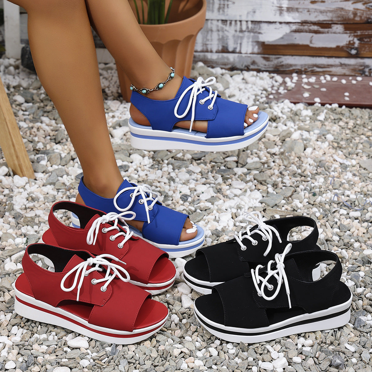 Plus Size Thick-soled Peep Toe Lace Up Casual Roman Sandals