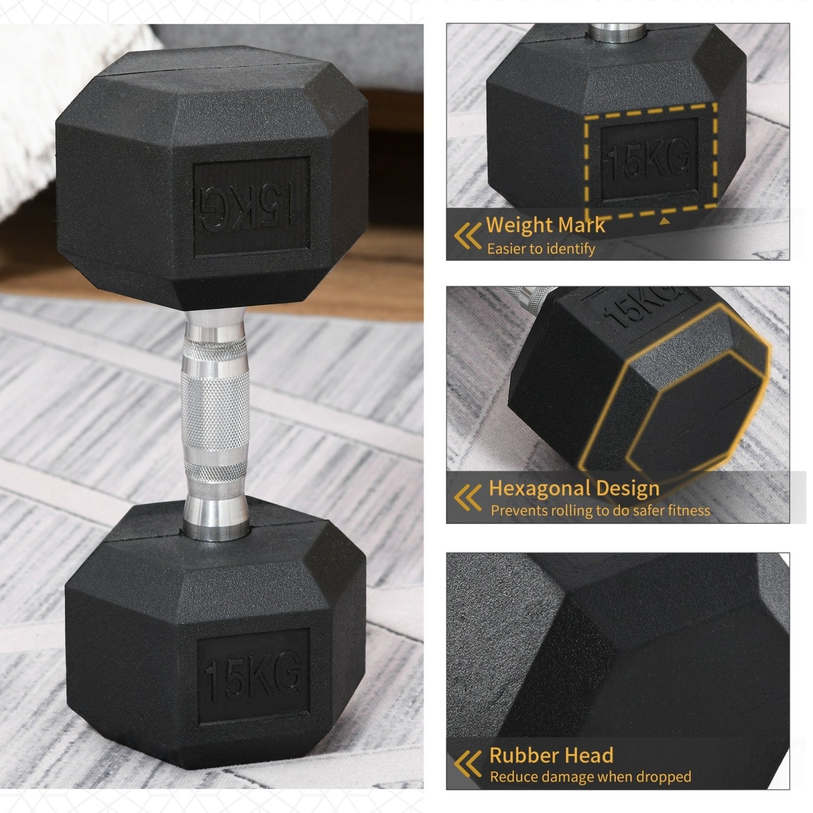 15KG Single Rubber Hex Dumbbell - Portable Home Gym Weight-3
