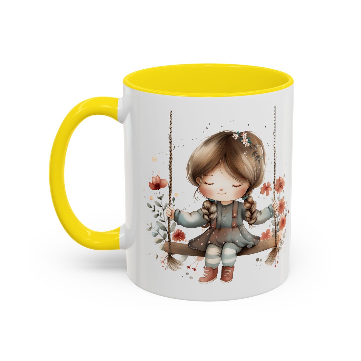 Whimsical Swinging Girl Coffee Mug - Cute Gift for Coffee Lovers, Home Decor, Spring Vibes, Floral Design, Girly Kitchen Accessory