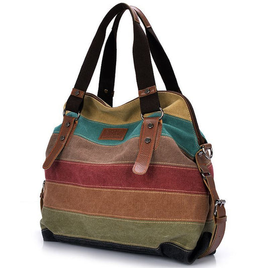 New Canvas Bag Europe and America Rainbow Stripe Canvas Bag Fashion Splicing Women's Washing Bag Canvas Bag Shoulder Bag