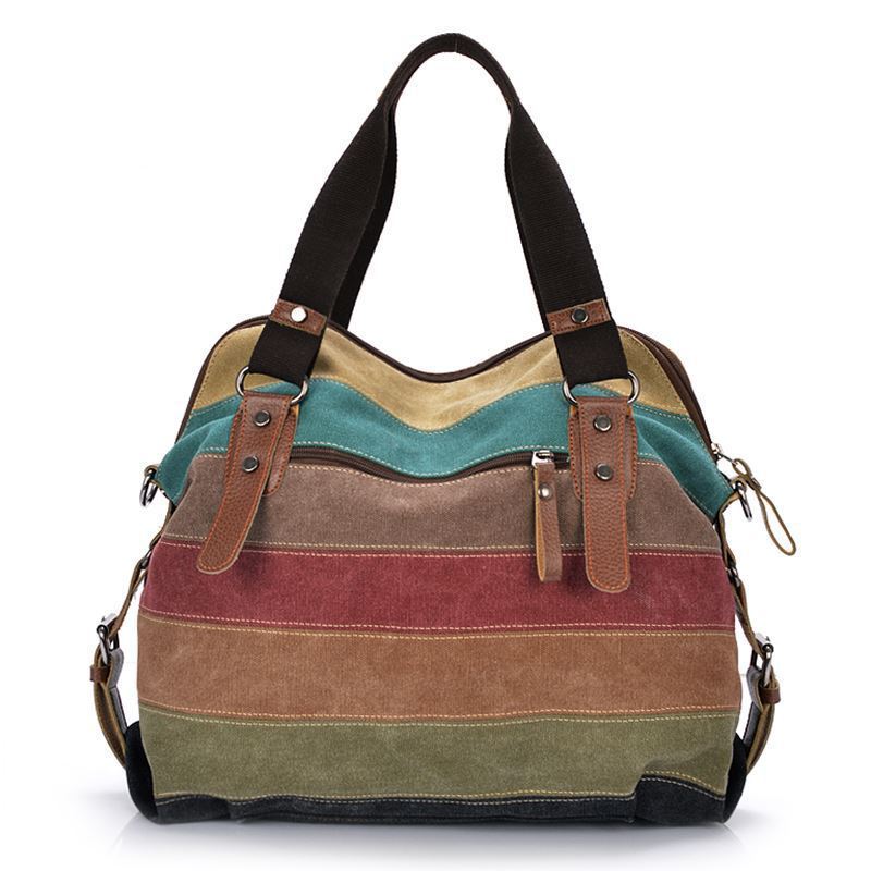 New Canvas Bag Europe and America Rainbow Stripe Canvas Bag Fashion Splicing Women's Washing Bag Canvas Bag Shoulder Bag