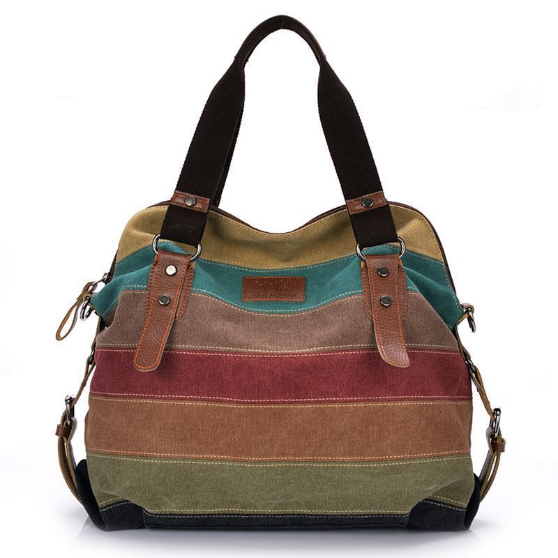 New Canvas Bag Europe and America Rainbow Stripe Canvas Bag Fashion Splicing Women's Washing Bag Canvas Bag Shoulder Bag