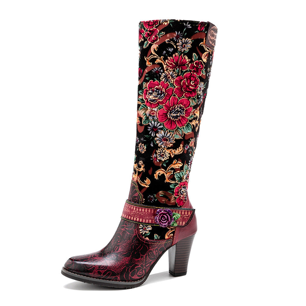 Export Cross-Border Autumn And Winter Distressed Retro Style Women'S Boots Three-Dimensional Flower Warmth Women'S Mid-Heel Knee-High Zipper Boots