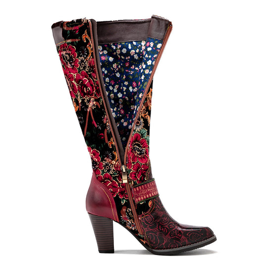 Export Cross-Border Autumn And Winter Distressed Retro Style Women'S Boots Three-Dimensional Flower Warmth Women'S Mid-Heel Knee-High Zipper Boots