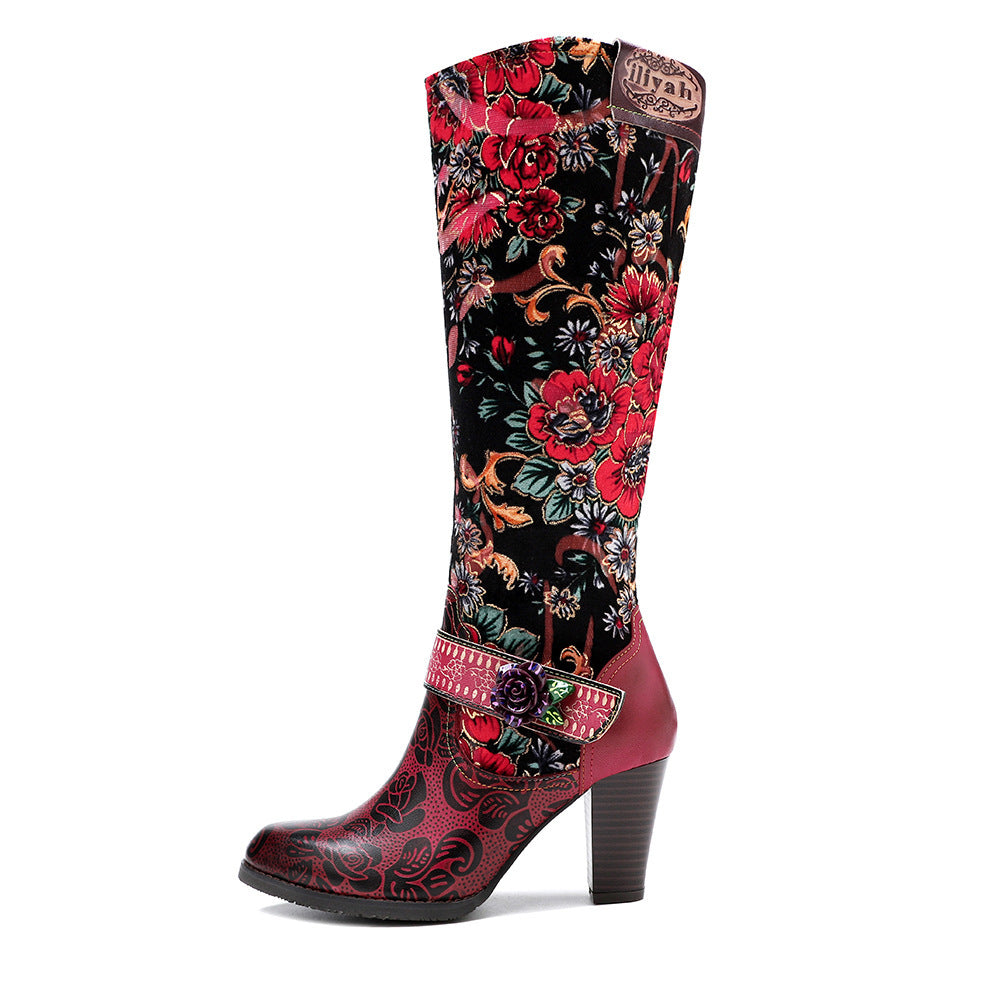 Export Cross-Border Autumn And Winter Distressed Retro Style Women'S Boots Three-Dimensional Flower Warmth Women'S Mid-Heel Knee-High Zipper Boots