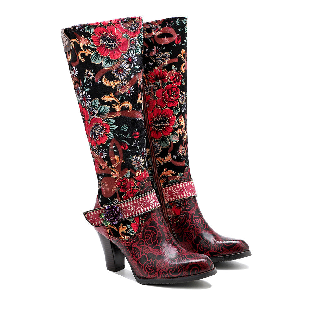 Export Cross-Border Autumn And Winter Distressed Retro Style Women'S Boots Three-Dimensional Flower Warmth Women'S Mid-Heel Knee-High Zipper Boots