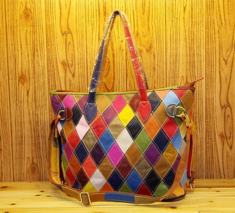 New Fashion Trend Colorful Contrast Color Plaid Stitching One-Shoulder Messenger Casual Leather Cowhide Handbags