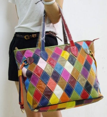 New Fashion Trend Colorful Contrast Color Plaid Stitching One-Shoulder Messenger Casual Leather Cowhide Handbags
