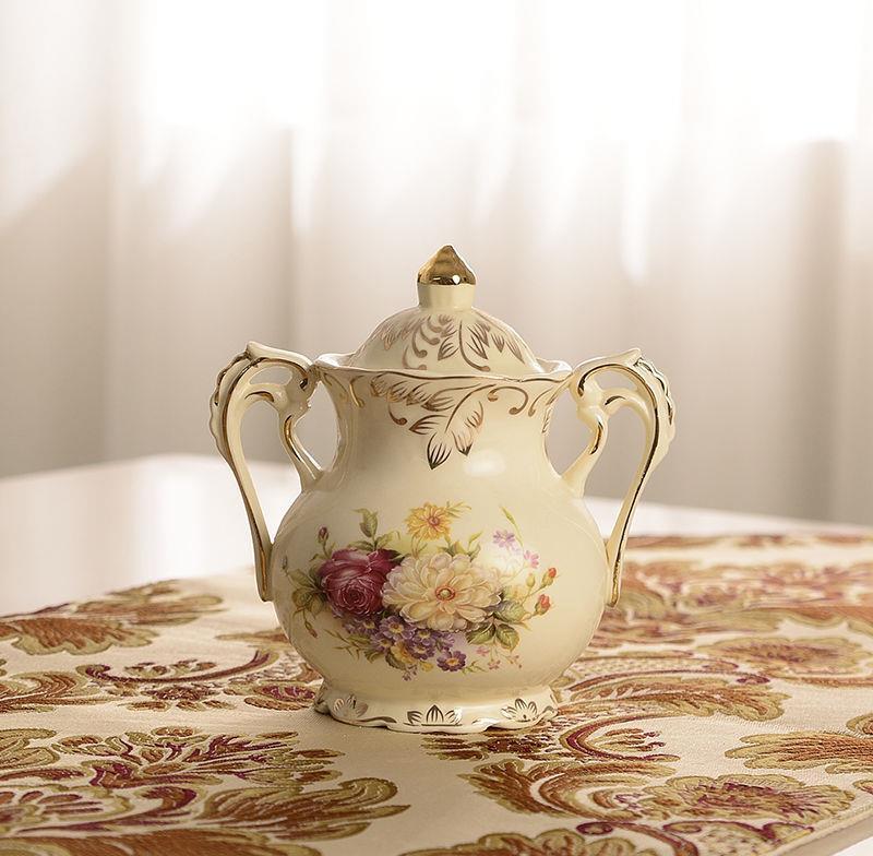 Flowering Shrubs Pattern Golden Leaves Porcelain Sugar and Creamer Bowl Set